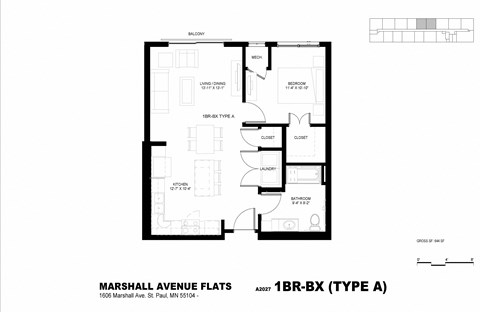 Floor plan for 1 bed, 1 bath, 638 sqft